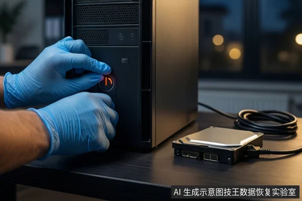 深色桌面上,戴蓝色手套的双手正按压黑色塔式主机正面的红色电源按钮,旁边平放一块打开外壳的机械硬盘,右侧盘绕着一根黑色线缆,背景为模糊的城市夜景。