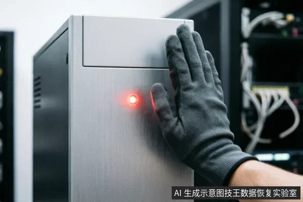 一只戴着深灰色防静电手套的手正按在银灰色立式服务器机箱侧面，机箱面板上亮着红色指示灯。背景模糊可见机柜及连接线缆，呈现出专业数据恢复或硬件检测环境的特征。
