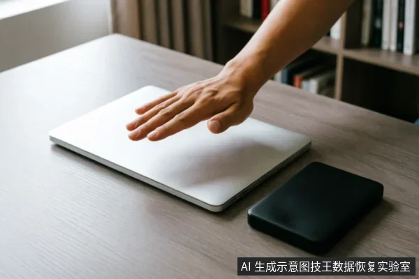 一只悬停在闭合银色笔记本电脑上方的手,旁边桌面上放置着一个黑色长方形移动硬盘。背景模糊可见书架,画面展示了电脑与外接存储设备并置的场景,暗示数据备份或硬件连接状态。