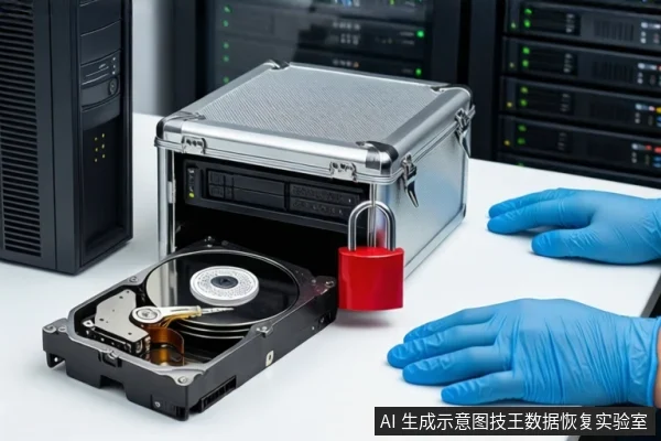 白色桌面上,左侧为黑色塔式主机,中间为挂有红色挂锁的银色金属防震箱,箱前平放一块打开外壳的机械硬盘,右侧一双戴蓝色手套的手平放在桌面上,背景为服务器机柜。