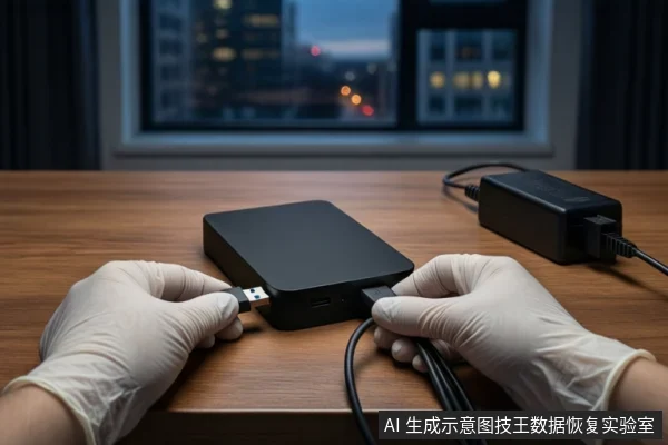 木质桌面上，一双戴白色手套的手正在操作一个黑色方形移动硬盘。左手握持USB接口，右手将黑色线缆插入硬盘侧面，右侧放置一个黑色电源适配器，背景是模糊的城市夜景窗户。