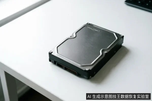 一块带有银色金属顶盖的机械硬盘静置于白色桌面上,侧面清晰可见SATA数据接口与电源接口。背景虚化处有黑色键盘一角,呈现出典型的桌面办公或硬件检测环境。