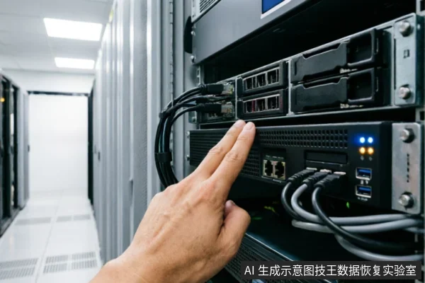 数据中心机房内,一只手掌在连接着多根网线的服务器机架前做出明确的停止手势。背景为整齐排列的机柜与线缆,直观传达面对硬件故障时应立即断电、停止通电尝试并隔离设备的专业原则。