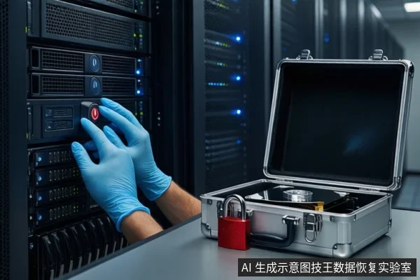 戴蓝色手套的双手正在按压服务器机柜上的红色电源按钮，右侧桌面上放着一个打开的银色防震箱，箱内有一块机械硬盘，箱前挂有红色挂锁。