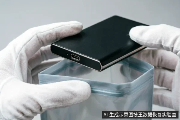 戴着白色防护手套的双手正将一块黑色移动硬盘放入透明防静电屏蔽袋中。画面清晰展示了设备侧面的USB接口细节及收纳动作,背景简洁,无多余文字或干扰元素。