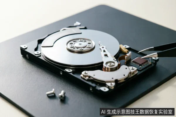图中展示了一块已拆解的机械硬盘，镊子正夹持工具接触内部电路板芯片，旁边散落着拆下的螺丝。画面呈现了硬盘开盘检测或维修的场景，直观展示了涉及硬件内部结构的精密操作环境。