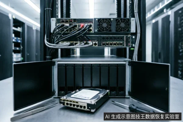 服务器机柜前的工作台上,一个多盘位硬盘阵列柜门敞开,前方放置着一块拆卸下来的机械硬盘及螺丝刀、镊子等维修工具。背景可见连接着网线的网络交换机设备,呈现出典型的数据恢复或硬件检修场景。