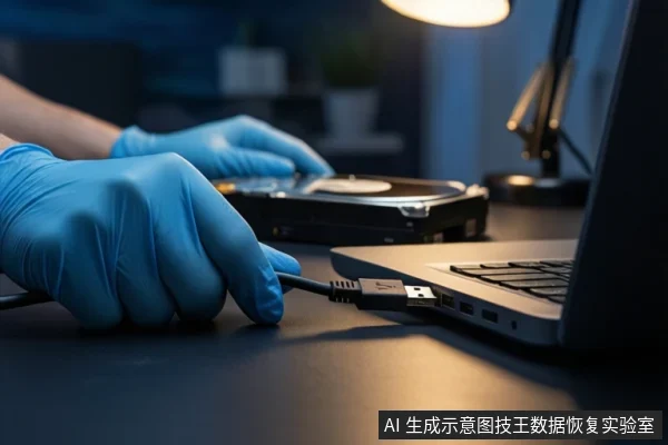 深色桌面上,戴蓝色手套的双手正持握一根USB线缆,准备插入右侧打开的笔记本电脑接口,中间平放一块打开外壳的机械硬盘,背景有台灯。
