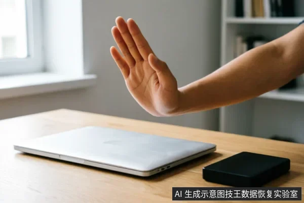 一只手掌在闭合的笔记本电脑和黑色移动硬盘前做出“停止”手势,示意立即切断电源并禁止继续操作。画面直观传达了存储设备出现异常时,应第一时间停止读写、保护原始介质完整性的核心原则。