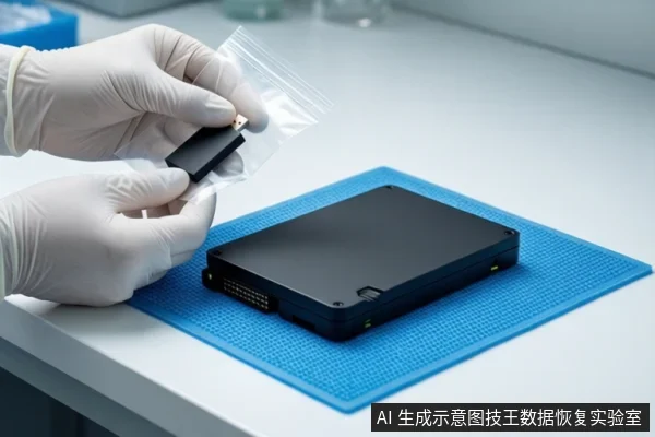白色台面上铺着蓝色防静电垫,中间平放一个闭合的黑色硬盘盒。左侧一双戴白手套的手正握持一个透明自封袋,袋内装有一个黑色小配件。背景是模糊的实验室环境。