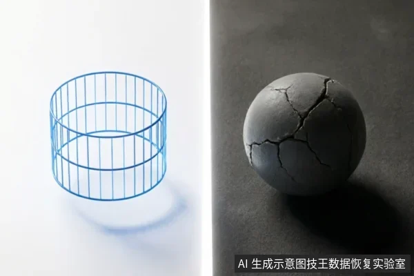 图片分为左右两部分:左侧为白色背景上的蓝色线框圆柱体,结构通透规则;右侧为深灰色背景上表面布满裂纹的球体。两者形成鲜明对比,分别象征逻辑结构的完整与物理介质的严重损坏。