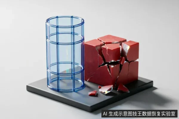 画面展示一个完整的蓝色线框圆柱体与一个严重碎裂的红色立方体并排置于底座上。红色方块表面布满裂纹且有碎片脱落,象征存储介质从结构完整到物理损坏的状态对比。