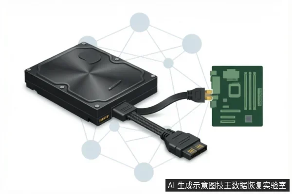 一张黑色机械硬盘通过SATA数据线和电源线连接至绿色电路板接口,背景带有网络节点示意图。画面展示了硬盘的外部物理连接状态及数据传输链路,用于示意排查外部连接故障的场景。