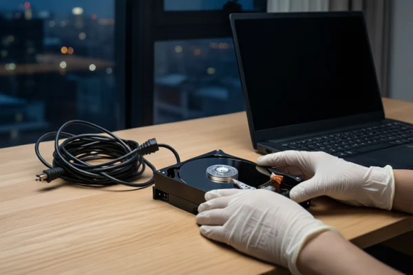 木质桌面上，一双戴白色手套的手正在操作一块打开外壳的机械硬盘，露出盘片与磁头组件。左侧盘绕着一根黑色线缆，右后方是一台打开的黑屏笔记本电脑。背景为模糊的窗户和城市夜景。