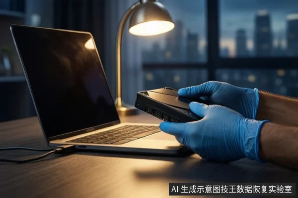深色桌面上,左侧有一台打开的笔记本电脑,右侧一双戴蓝色手套的手正持握一块黑色移动硬盘,背景为模糊的城市夜景和一盏台灯。