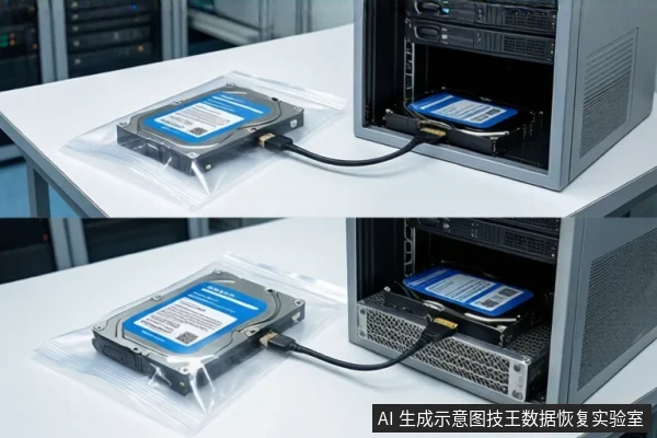 洁净室白色桌面上,左侧透明自封袋内平放一块机械硬盘,右侧银色主机箱内放置另一块硬盘,两者通过黑色线缆连接,背景可见服务器机柜。