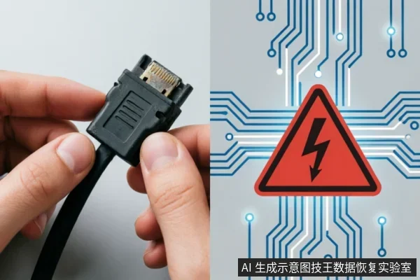 左手持黑色SATA数据线接口特写,展示金属触点与塑料卡扣结构;右侧为蓝色电路板背景叠加红色闪电警告标志,示意电路风险或供电异常。