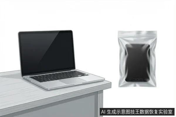 白色桌面上放置着一台银色笔记本电脑,右侧展示了一个封装在透明防静电袋中的黑色移动硬盘。画面呈现了数据恢复场景中常见的原始存储介质与操作终端的并置状态,未显示具体连接细节。
