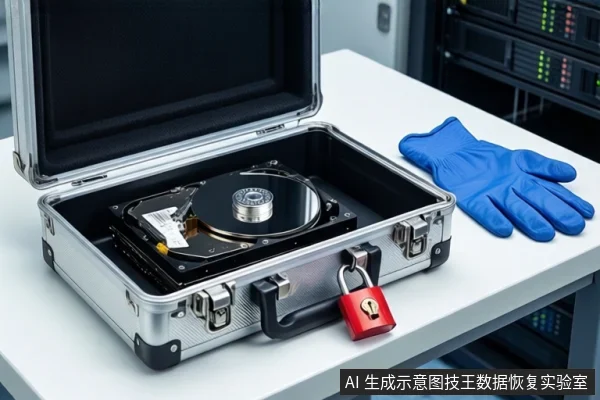 白色桌面上,一个打开的银色金属防震箱内平放一块打开外壳的机械硬盘,箱把手上挂有红色挂锁,右侧放有一只蓝色手套,背景可见服务器机柜。