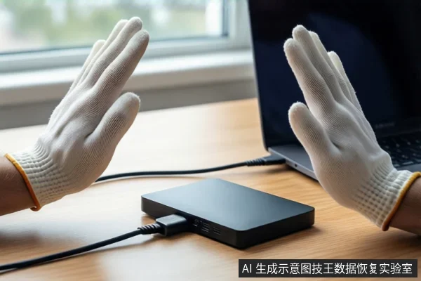 木质桌面上平放一个黑色移动硬盘，通过线缆连接至右侧笔记本电脑。左右两侧各有一只戴白色手套的手，掌心朝外做出停止手势。背景是模糊的窗户。