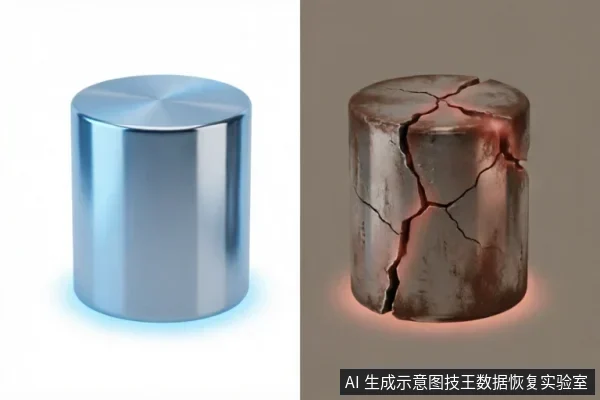 图片展示了两个圆柱体模型的对比：左侧为表面光滑、完好的银色金属圆柱，象征正常状态；右侧为布满裂纹、破损且内部透出红光的圆柱，象征严重受损或故障状态。
