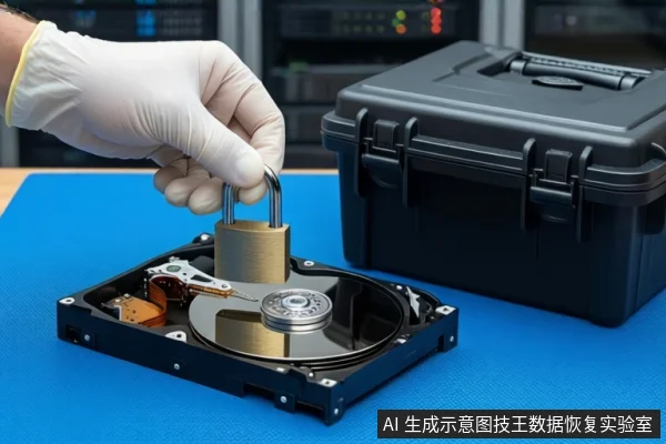 蓝色防静电垫上平放一块打开外壳的机械硬盘，盘片上方立着一把黄铜色挂锁。左侧一只戴白手套的手正握持挂锁锁梁，右侧放置一个闭合的黑色防震箱，背景为模糊的服务器机柜。