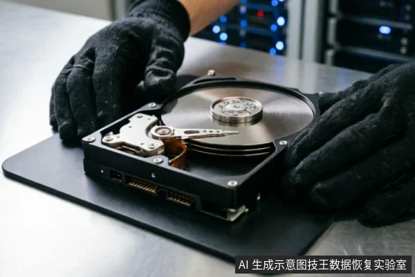 戴着黑色防静电手套的双手在防静电垫上托举着一块已打开盖板的机械硬盘,清晰展示了内部的磁盘盘片与磁头组件。背景为模糊的服务器机柜灯光,体现了专业数据恢复实验室的洁净操作环境。