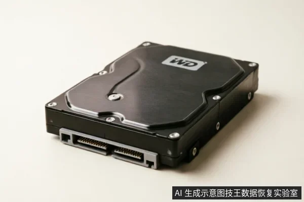 一张黑色西部数据(WD)机械硬盘的静物特写,展示了金属顶盖、螺丝固定点以及底部的SATA数据与电源接口。画面背景干净,主体清晰,未展示任何连接状态或操作动作,仅作为存储硬件的通用示意图。