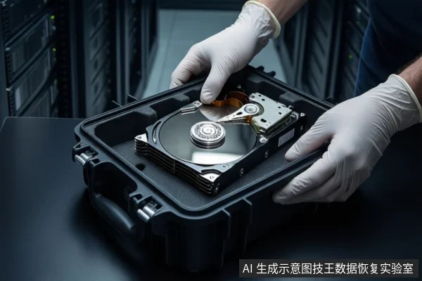 数据中心机房内，深色台面上放着一个打开的黑色防震箱，箱内平放着一块裸露的机械硬盘。一双戴白手套的手正握持硬盘边缘，背景是模糊的服务器机柜。
