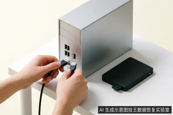 画面展示了一双手正在将两根USB数据线的接头对准银色主机背面的接口进行插拔操作,旁边桌面上放置着一个黑色的移动硬盘盒。