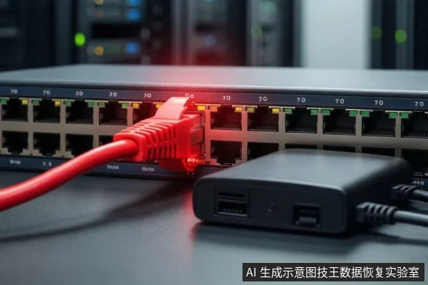 网络交换机端口上插着红色网线,旁边放置一个黑色USB集线器,背景为模糊的服务器机柜。