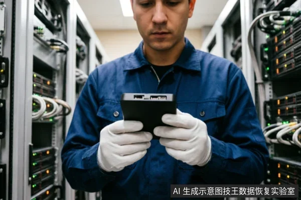 一名身穿蓝色工装、戴着白色防静电手套的技术人员站在服务器机房内，双手持握一个黑色的存储设备或转接盒进行专注检查。背景可见排列整齐的服务器机柜及闪烁的指示灯，体现了专业硬件检测环境。
