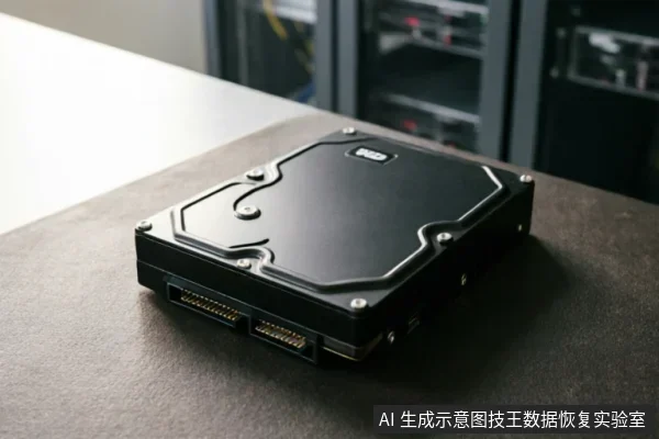 一张黑色机械硬盘静置于深色桌面上,清晰展示了底部的SATA数据与电源接口。背景为虚化的服务器机柜,营造出专业数据存储环境的氛围,作为数据恢复主题的通用示意图。