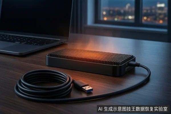 木质桌面上平放一个带散热鳍片的黑色硬盘盒,右侧连接一根黑色USB线,前景盘绕线缆,左侧有一台屏幕关闭的笔记本电脑,背景为模糊的城市夜景。