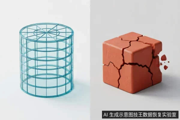左侧为一个完整的蓝色线框圆柱体,象征完好无损的存储核心;右侧为一个表面布满裂纹且正在崩解破碎的红褐色立方体,象征物理损坏或结构失效。两者并列对比,直观展示介质状态的差异。