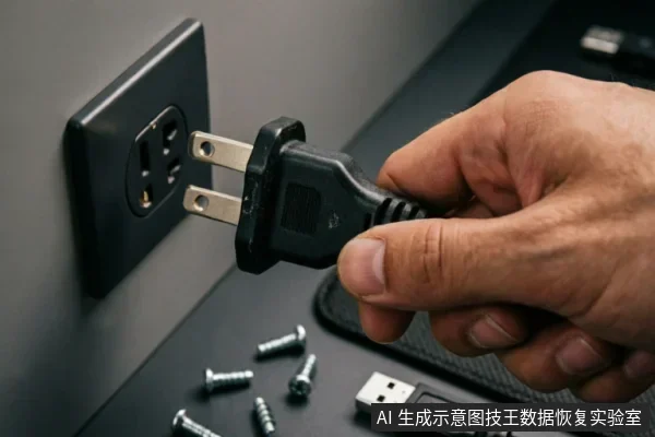 一只手正将黑色电源插头从墙壁插座上拔离,桌面上散落着几颗银色螺丝和一个USB接口设备。画面展示了切断物理供电的动作,符合存储设备故障时立即断电以保护数据的安全处理原则。