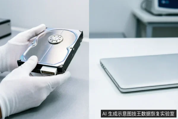 戴着白色防静电手套的专业人员手持一块裸露的机械硬盘,展示其金属盘体与接口细节;背景为洁净工作台及闭合的银色笔记本电脑,呈现专业数据恢复检测环境。