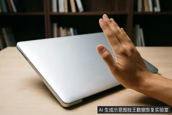 一只手掌在银色笔记本电脑前做出明显的“停止”手势,示意拒绝或中断操作。电脑放置在木质桌面上,背景为模糊的书架。画面直观传达了面对故障时立即停止通电、禁止写入数据的紧急处理原则。