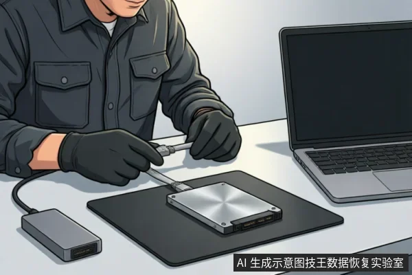 一名戴黑色手套的技术人员正在操作一块裸露的SATA机械硬盘,使用转接工具将其连接至外部USB适配器,旁边放置一台笔记本电脑,背景为简洁的工作台,呈现数据恢复或硬件检测场景。