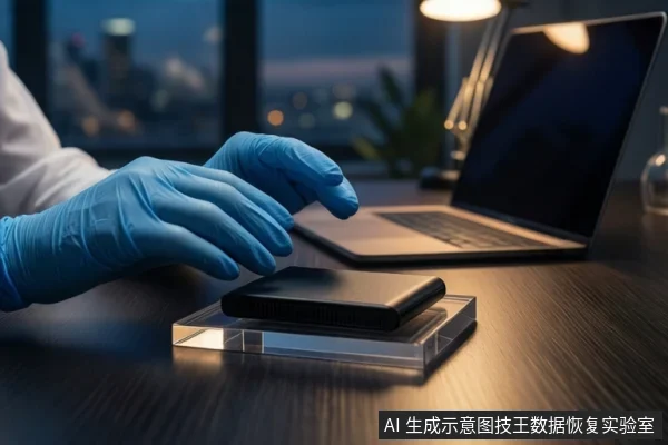 深色木质桌面上,左侧戴蓝色手套的双手悬停在透明底座上的黑色移动硬盘上方,右侧有一台打开的笔记本电脑,背景为模糊的城市夜景和台灯。