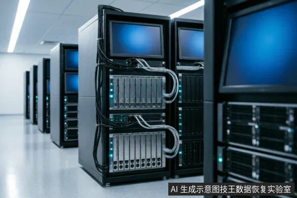 现代化数据中心机房内部，一排排黑色服务器机柜整齐排列。机柜上方配有显示蓝色画面的屏幕，中部密集安装着带有绿色指示灯的硬盘托架，连接线缆规整弯曲，展现了专业存储硬件的运行环境。