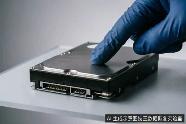 一只戴着蓝色防静电手套的手正轻触放置在白色台面上的机械硬盘金属顶盖,清晰展示了硬盘侧面的SATA数据与供电接口。画面体现了在数据恢复或物理检查过程中对硬件的规范接触与状态观察。