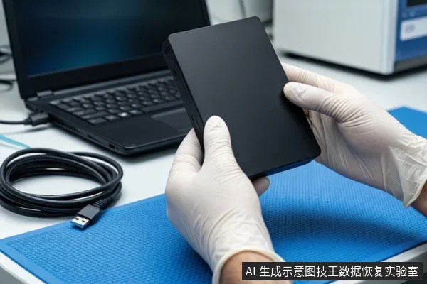 蓝色防静电垫上,一双戴白色手套的手正握持一块闭合的黑色移动硬盘。左侧平放着一卷黑色USB数据线,背景是一台黑屏笔记本电脑。