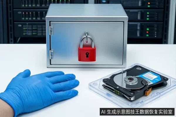 白色防静电工作台上，中间为闭合的银色金属防震箱，箱前挂有红色挂锁。左侧一双戴蓝色手套的手平放在桌面上，右侧透明底座上平放一块打开外壳的机械硬盘，背景可见服务器机柜。