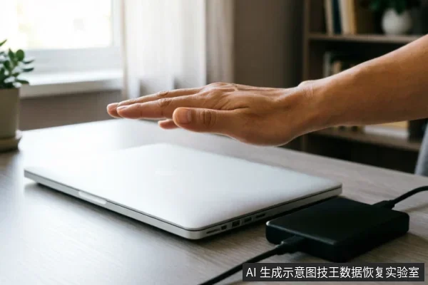 一只悬停在闭合银色笔记本电脑上方的手,旁边连接着黑色电源适配器。画面通过停止操作的动作示意,传达在数据恢复紧急时刻应停止写入、保护原始介质完整性的核心原则。