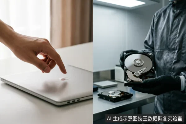画面分为左右两部分。左侧展示一只手悬停在闭合的银色笔记本电脑上方,做出明确的停止手势;右侧为身穿防静电服、戴黑色手套的专业人员,在洁净室环境中手持一块已打开外壳的机械硬盘进行精密检查。