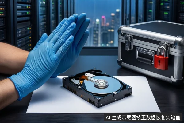 深色桌面上,一双戴蓝色手套的手悬停在打开外壳的机械硬盘上方,右侧为挂有红色挂锁的银色金属防震箱,背景为服务器机柜和城市夜景。