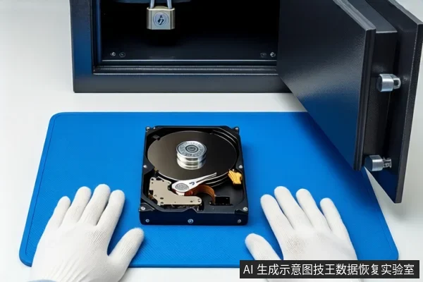 白色台面上铺着蓝色防静电垫,中间平放一块打开外壳的机械硬盘,可见金属盘片与磁头组件。右侧是一个打开的黑色防震箱,内部可见银色挂锁。一双戴白手套的手平放在垫子两侧。