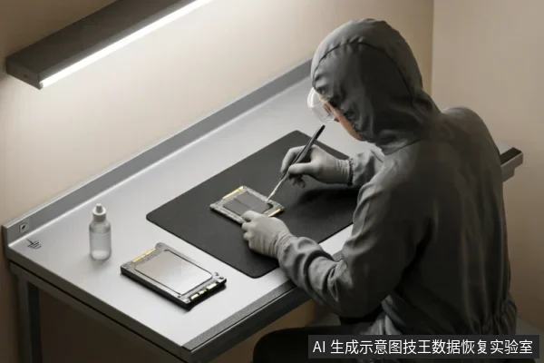 身穿灰色连体防护服和手套的技术人员，在专业工作台上使用精细工具对裸露的硬盘磁头组件进行物理检修。旁边放置有清洁液和另一块硬盘，展示了针对硬件故障的专业线下检测与修复场景。