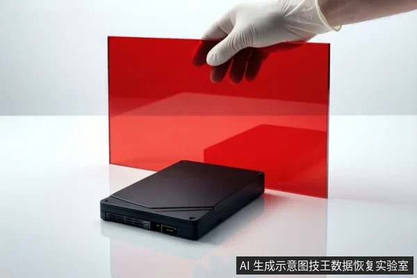 白色台面上平放一块黑色移动硬盘,后方立着一块红色半透明挡板。上方一只戴白色手套的手正悬停在挡板上方,未接触设备。